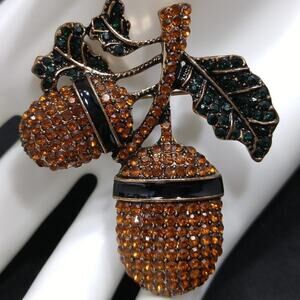 Vintage Acorn Rhinestone & Enamel Brooch, Black Green Rhinestones, 1990s, 2 In.